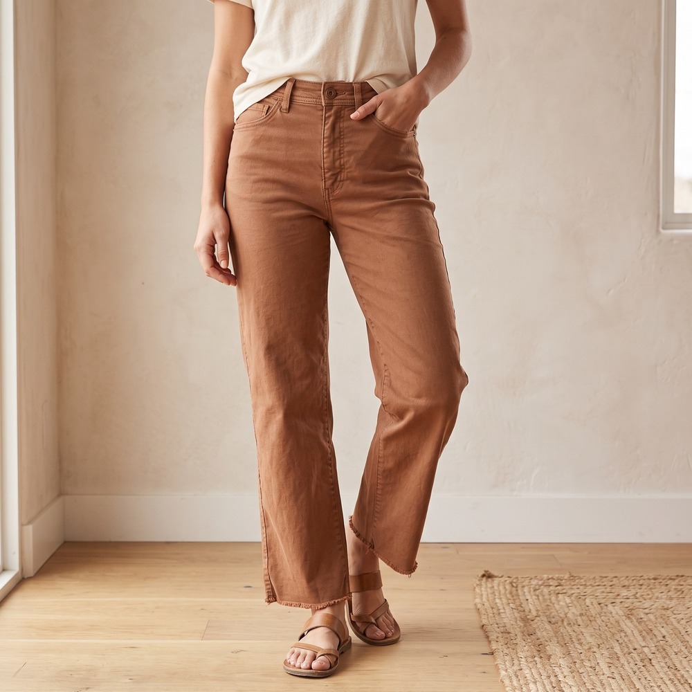 Marine Layer Women Pants 4 Brown High Rise Raw Hem Straight Leg Earthy Core